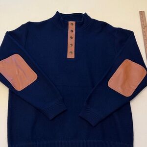 Orvis Navy Sweater Suede Elbow Patches Snap Neck Pullover Large